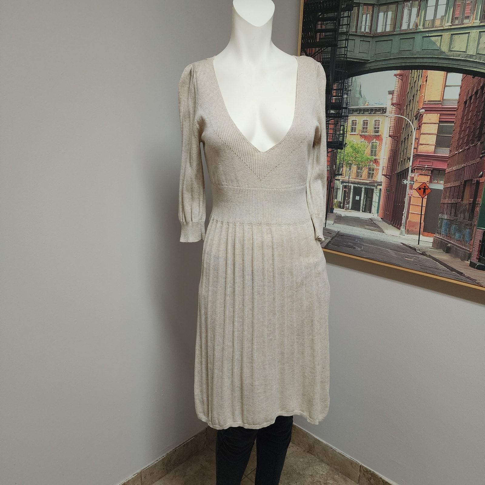 Calvin Klein 100% Cotton Tan 3/4 Sleeve Knit Dress Sz Small